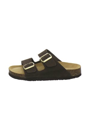 Brown suede sandal with two adjustable straps featuring gold-tone buckles and a cork footbed with black rubber sole.