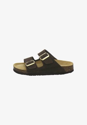 Brown suede sandal with two adjustable straps featuring gold-tone buckles and a cork footbed with black rubber sole.