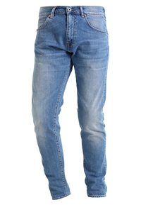 Light blue denim jeans with a classic straight fit, five pockets, and a slightly faded finish. Features a button and zipper closure.