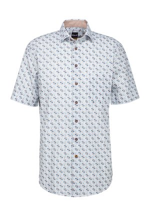 Camicia button-up a maniche corte di colore bianco con un motivo geometrico ripetuto in blu, marrone e arancione. Presenta un colletto classico e bottoni marroni.