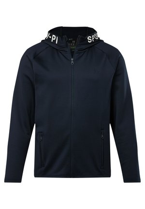 Sudadera con cremallera en color azul marino, de textura suave, que presenta un logo blanco contrastante en la capucha, bolsillos laterales y un diseño aerodinámico.