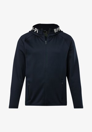 Sudadera con cremallera en color azul marino, de textura suave, que presenta un logo blanco contrastante en la capucha, bolsillos laterales y un diseño aerodinámico.