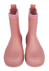 Bottes de pluie en caoutchouc rose avec une finition lisse, bout rond et revers en textile. Elles disposent d'une petite languette au talon pour un enfilage facile.