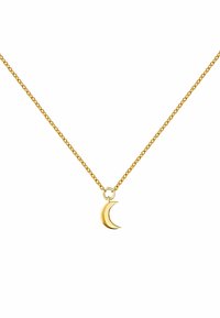 Collar de oro con un colgante de luna creciente que cuelga de una fina cadena. El colgante está pulido con una textura suave.