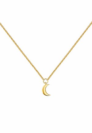 Collar de oro con un colgante de luna creciente que cuelga de una fina cadena. El colgante está pulido con una textura suave.