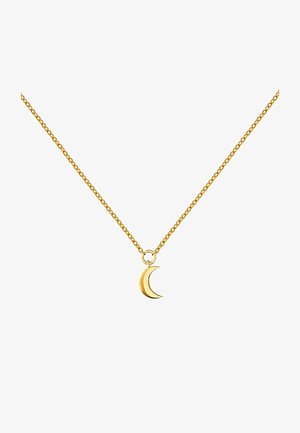 Collar de oro con un colgante de luna creciente que cuelga de una fina cadena. El colgante está pulido con una textura suave.