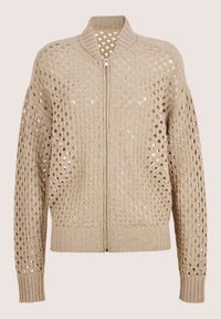 Beige gebreide ritscardigan met honingraat opengewerkt patroon, geribbelde kraag, manchetten en zoom, getoond op een effen achtergrond.