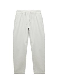 Lichtgrijze, geweven stoffen broek met een elastische tailleband, verstelbaar trekkoord en zijzakken. Rechte pasvorm met een gestructureerde afwerking.