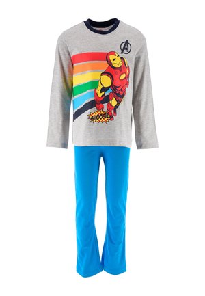Children’s pajama set with gray long-sleeve top featuring Iron Man and rainbow stripes, paired with bright blue pants.