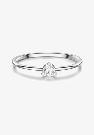 Zilveren ring met een eenvoudig bandontwerp, met een ronde, briljant geslepen diamant die in het midden door drie klauwen is vastgezet.