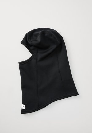 Black balaclava made of smooth, stretchy fabric. Features a fitted design with an opening for the face and a logo accent near the hem.