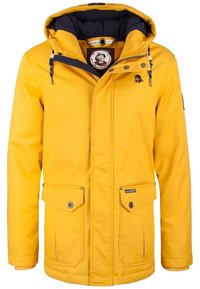 Gul isolerad jacka med dragsko på huvan, dragkedja fram, två framfickor och blå innerfoder. Hållbart tyg med en slät yta.