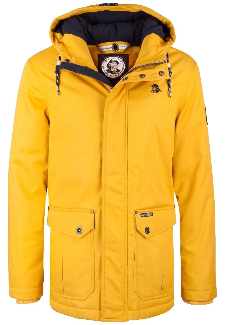 Gul isolerad jacka med dragsko på huvan, dragkedja fram, två framfickor och blå innerfoder. Hållbart tyg med en slät yta.