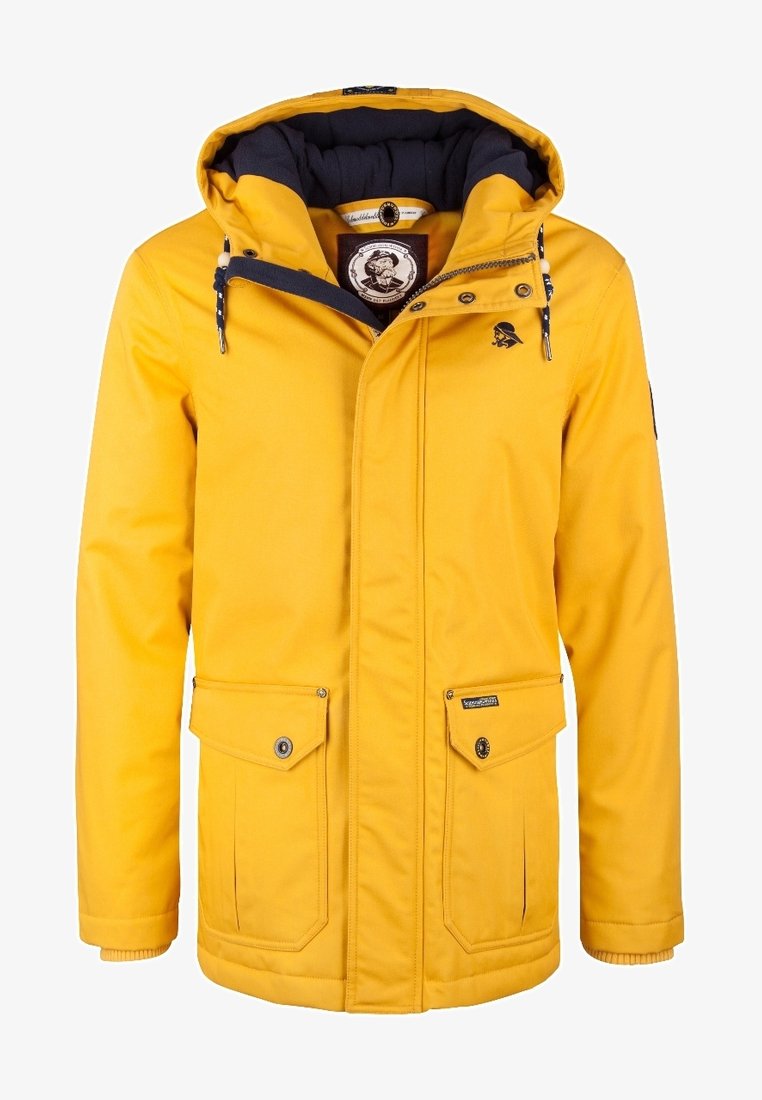 Gul isolerad jacka med dragsko på huvan, dragkedja fram, två framfickor och blå innerfoder. Hållbart tyg med en slät yta.