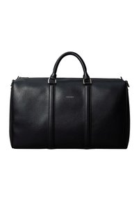 Black leather duffel bag with two handles, subtle Calvin Klein logo at center, and silver-tone hardware details.