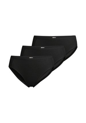 Drei schwarze Baumwoll-Damenslips, übereinander angeordnet, einfaches Design mit elastischen Bundtaschen und ohne sichtbare Muster oder Logos.