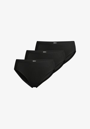Drei schwarze Baumwoll-Damenslips, übereinander angeordnet, einfaches Design mit elastischen Bundtaschen und ohne sichtbare Muster oder Logos.