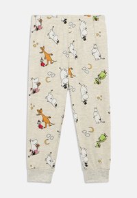 Light gray cotton pajama pants featuring an all-over print of whimsical characters, animals, clouds, and stars in various colors.