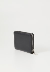Black leather wallet with a smooth texture, zip closure on the side, and silver-tone hardware. Rectangular shape with rounded edges.