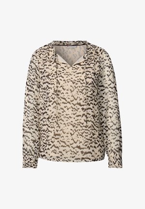 Bluzka z długim rękawem o beżowej podstawie z ciemno-brązowym abstrakcyjnym wzorem zwierzęcym, dekolt w kształcie litery V związywany na sznurki oraz marszczone mankiety.