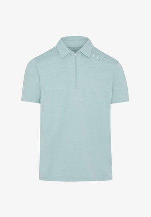Lyseblå kortærmet polo-shirt med lynlås-krave, struktureret stof og minimalistisch skulderdetaljering.