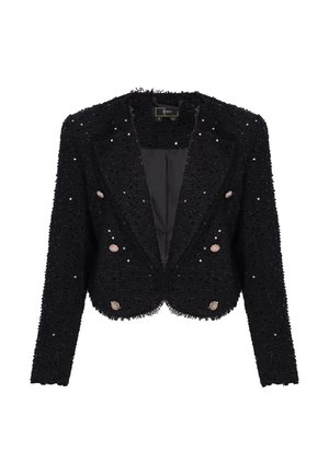 Sort tekstureret cropped blazer med lange ærmer, pailletdekorationer og seks metaliske dekorative knapper på hvid baggrund.