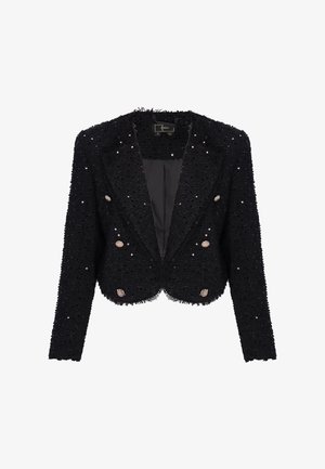 Sort tekstureret cropped blazer med lange ærmer, pailletdekorationer og seks metaliske dekorative knapper på hvid baggrund.