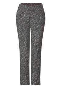 Pantaloni neri con motivo floreale, vita elastica e cordoncino. Realizzati in tessuto leggero per garantire comfort.