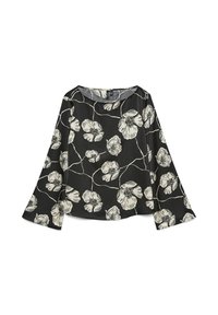 Blusa negra de manga larga con estampado floral beige, mangas anchas, cuello redondo y corte holgado, extendida sobre fondo blanco.
