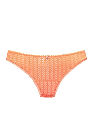 Pomarańczowa koronkowa bielizna damska w stylu bikini z wzorem w jodełkę i małą kokardką z ozdobą na środku przedniego pasa.