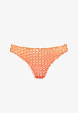 Pomarańczowa koronkowa bielizna damska w stylu bikini z wzorem w jodełkę i małą kokardką z ozdobą na środku przedniego pasa.