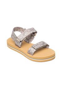 Grå mønstrede sandaler med to justerbare remmer, polstret lysebrun såle og en lagdelt sål med hvide og beige striber.