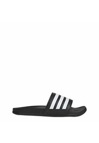 Black slide sandal made of synthetic material featuring three white stripes across the top. Smooth texture and open-toe design.