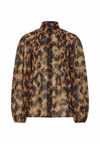 Camicia a maniche lunghe con motivo marrone e nero, colletto, chiusura con bottoni, pieghe sul petto e polsini elasticizzati. Tessuto semitrasparente.