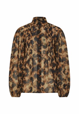 Langsleeve shirt met een bruine en zwarte patroon, met een kraag, knoopsluiting aan de voorkant, plooien op de borst en elastische manchetten. Semi-doorschijnende stof.