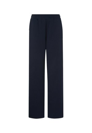 Pantaloni blu navy con vita elastica e gamba dritta, dotati di tasche laterali e una texture liscia e uniforme.