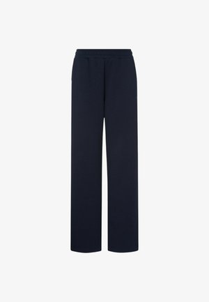 Pantaloni blu navy con vita elastica e gamba dritta, dotati di tasche laterali e una texture liscia e uniforme.