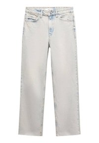 Jeans din denim cu spălare deschisă și tăietură dreaptă, având talie înaltă, cinci buzunare și o ușoară decolorare pentru textură.