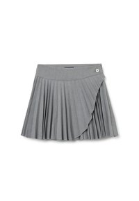 Grijze geplooide rok met een wikkelontwerp en zilveren knoopdetails. Gemaakt van een stof met een gladde textuur. Heeft een rechte tailleband.