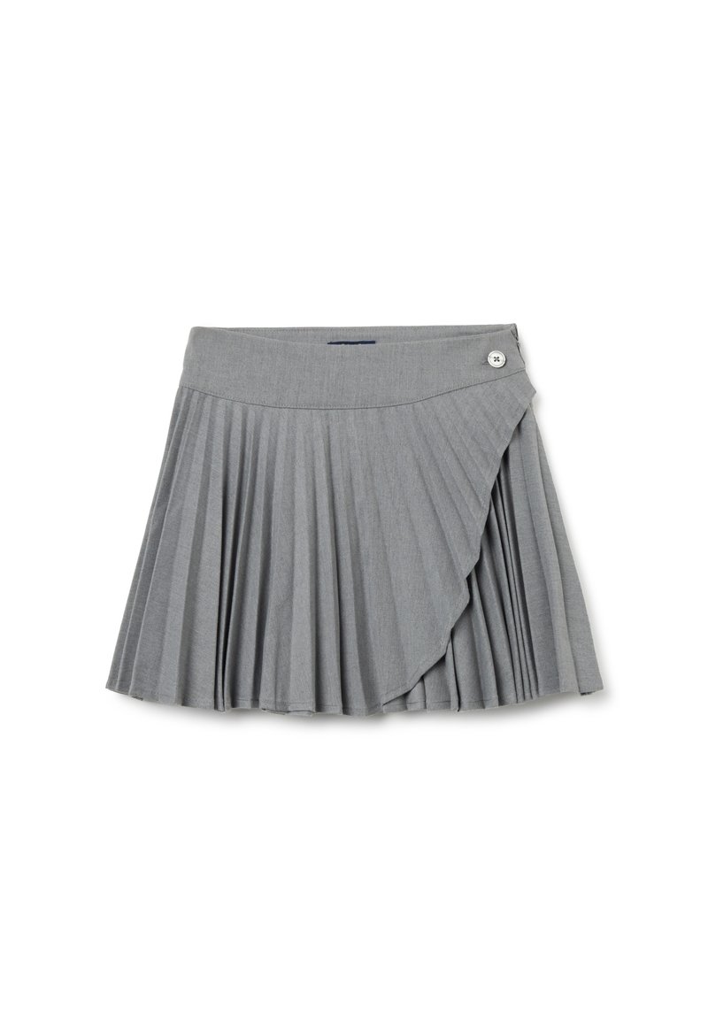 Grijze geplooide rok met een wikkelontwerp en zilveren knoopdetails. Gemaakt van een stof met een gladde textuur. Heeft een rechte tailleband.