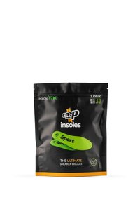 Envase negro con acentos verdes y naranjas, etiquetado como "plantillas Crep Protect Sport." Contiene un par, adecuado para tallas del Reino Unido 3-12, UE 35-47.