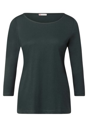 Tummanvihreä, pitkähihainen paita, joka on valmistettu pehmeästä kankaasta, pyöreällä pääntiellä ja rennolla leikkauksella, jossa on yksinkertaisia ompelutelineitä.