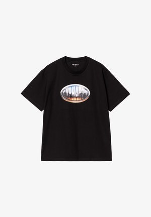 Czarny bawełniany t-shirt z dużym, owalnym logo Carhartt w niebiesko-pomarańczowym gradiencie z błyszczącym wykończeniem, krótki rękaw i okrągły dekolt.