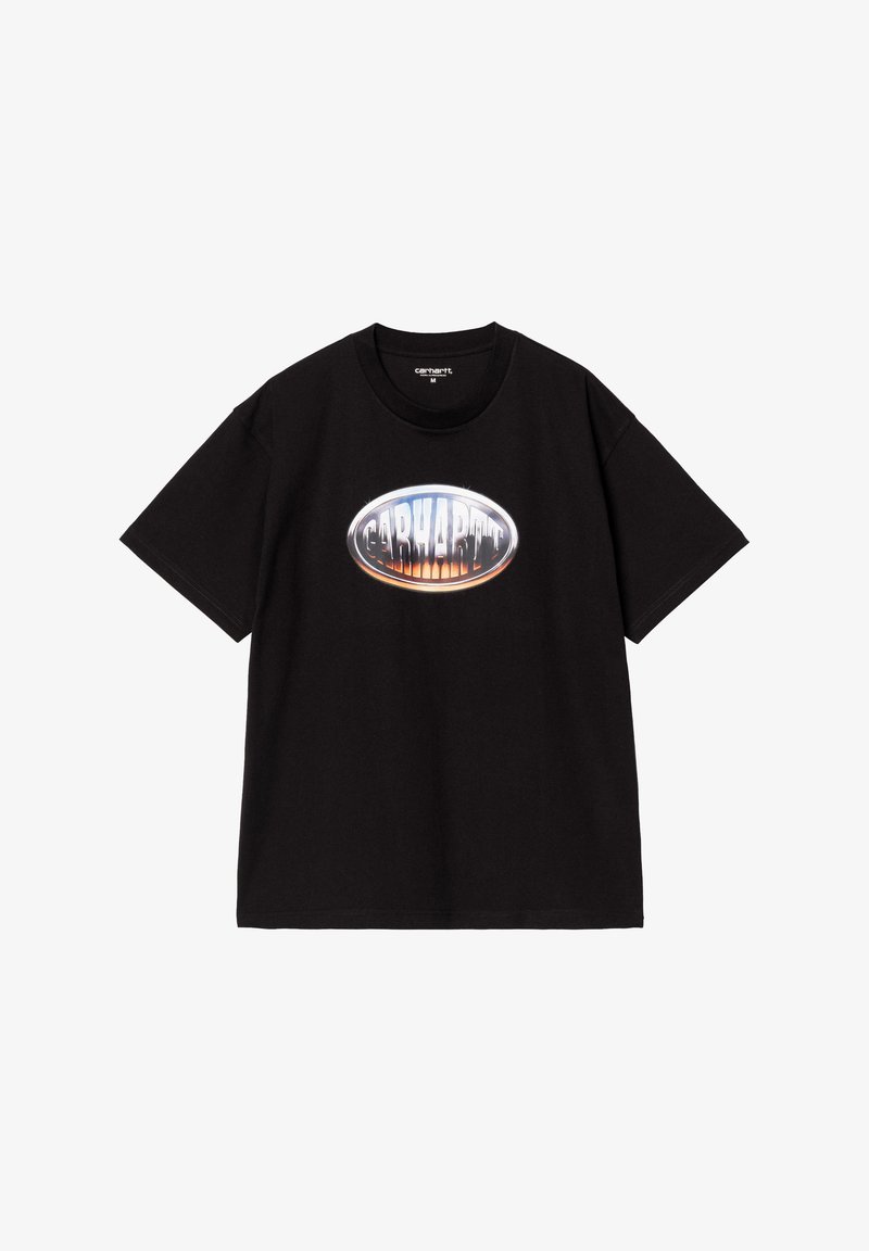 Czarny bawełniany t-shirt z dużym, owalnym logo Carhartt w niebiesko-pomarańczowym gradiencie z błyszczącym wykończeniem, krótki rękaw i okrągły dekolt.