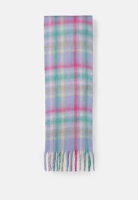 Cachecol de padrão xadrez multicolorido em tecido suave; apresenta uma base lilás clara com detalhes em rosa, verde, amarelo e azul. Acabado com bordas com franjas.