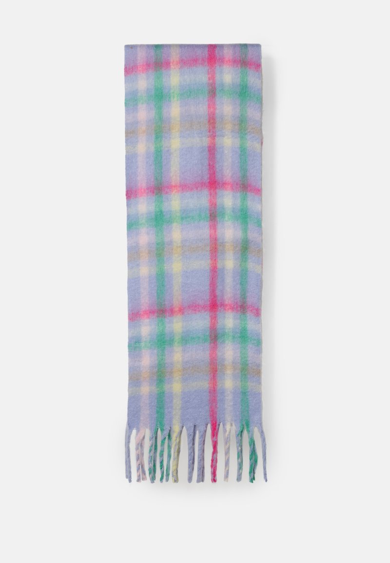 Cachecol de padrão xadrez multicolorido em tecido suave; apresenta uma base lilás clara com detalhes em rosa, verde, amarelo e azul. Acabado com bordas com franjas.