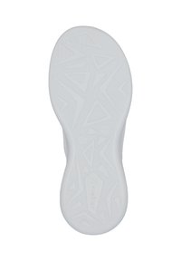 White shoe sole with a textured surface, featuring geometric patterns and a logo. Designed for grip and stability.