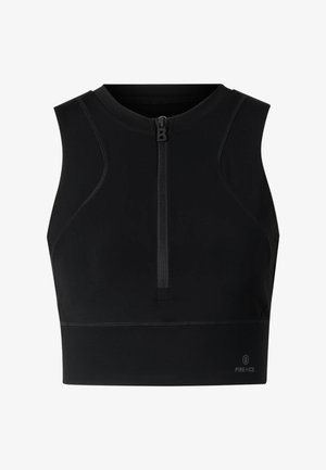 Zwart atletisch mouwloos crop top met ritssluiting aan de voorkant en subtiel "FIRE + ICE" logo vlakbij de zoom.