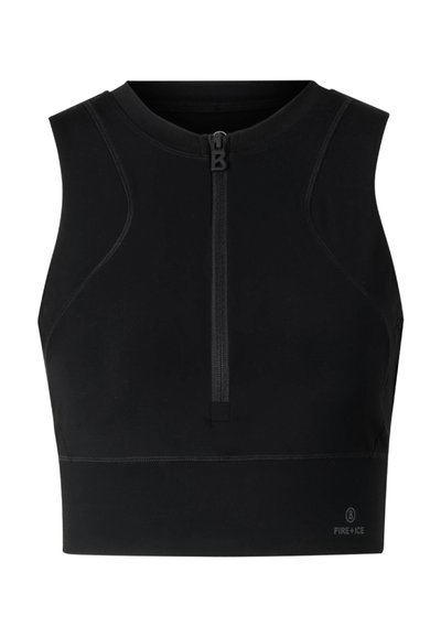 Schwarzes ärmelloses, sportliches Crop-Top mit Frontreißverschluss und dezentem "FIRE + ICE"-Logo nahe dem Saum.