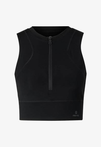 Schwarzes ärmelloses, sportliches Crop-Top mit Frontreißverschluss und dezentem "FIRE + ICE"-Logo nahe dem Saum.
